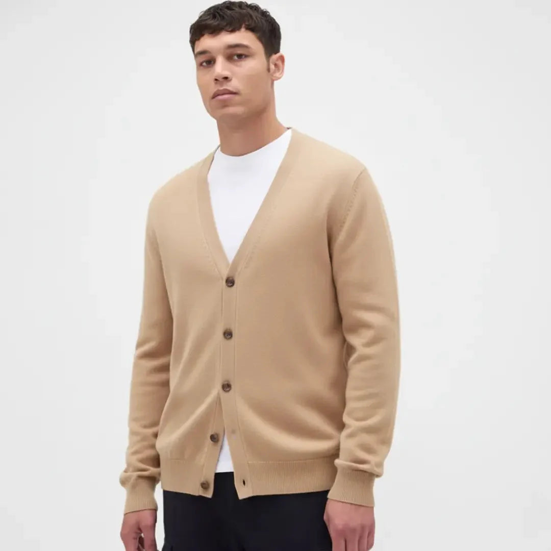 Luxurious soft cashmere V-neck button-up cardigan in neutral tone for modern professionals