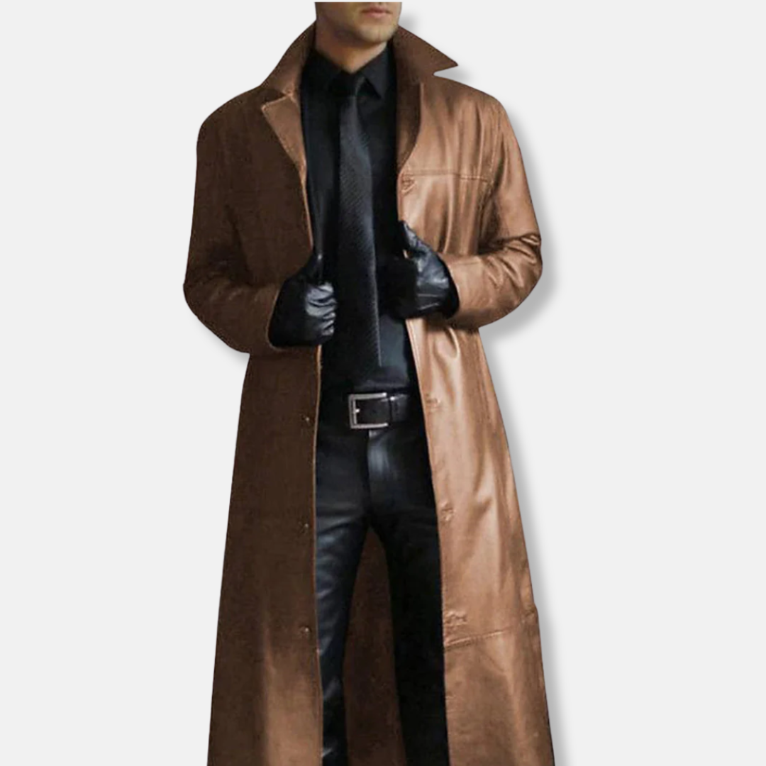 Men's tailored long coat structured formal silhouette button closure polished versatile style