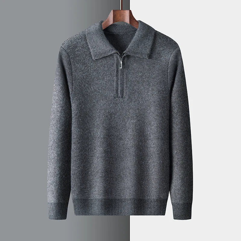 Heather gray unisex wool half-zip knit sweater with ribbed texture for cold weather layering