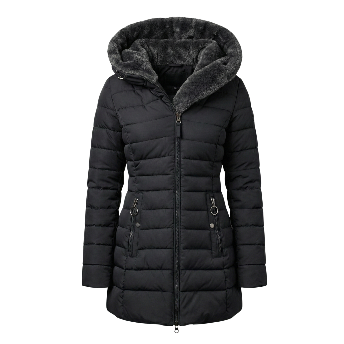 Women's quilted hooded down jacket black thermal insulation lightweight winter cold weather coat