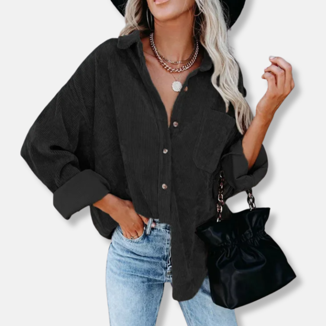 Women's oversized corduroy shirt lapel collar long sleeve with single patch pocket fall essential