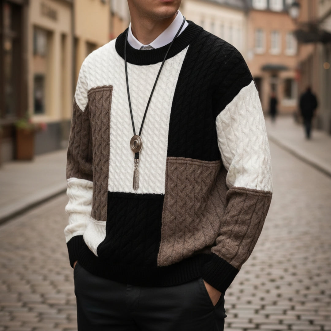 Men's patchwork sweater with vibrant colorblock panels, cozy cable-knit texture, casual winter style