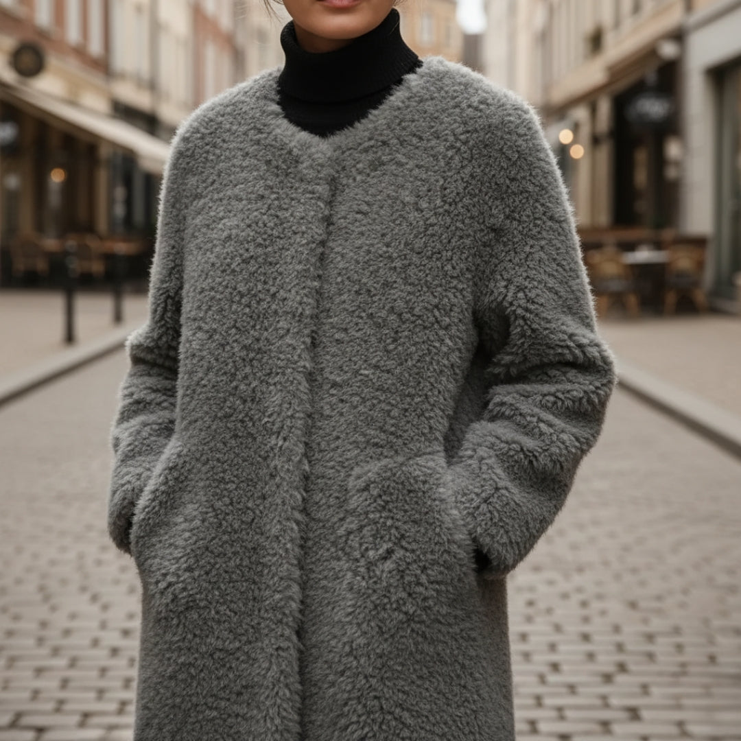 Women's oversized sherpa faux fur jacket, ultra-soft cozy winter outerwear with relaxed layering silhouette