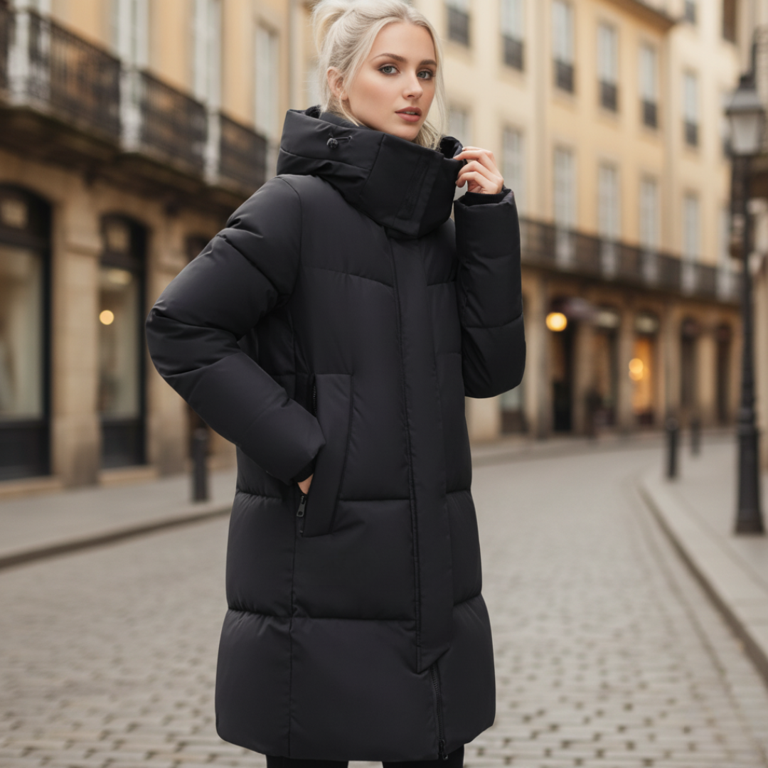 Women's padded parka with hood in black versatile winter coat stylish everyday cold weather wear