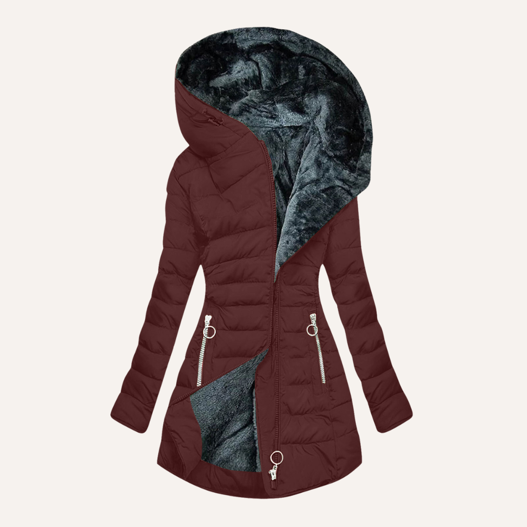 Black insulated puffer jacket waterproof quilted shell angled full-zip for cold wet weather