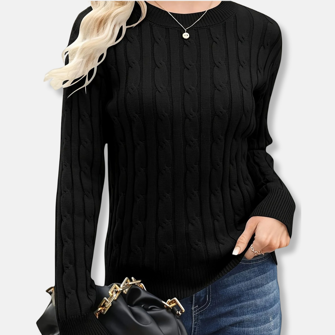 Women's wool blend crew neck sweater, fine gauge cable knit pattern, relaxed hip-length silhouette