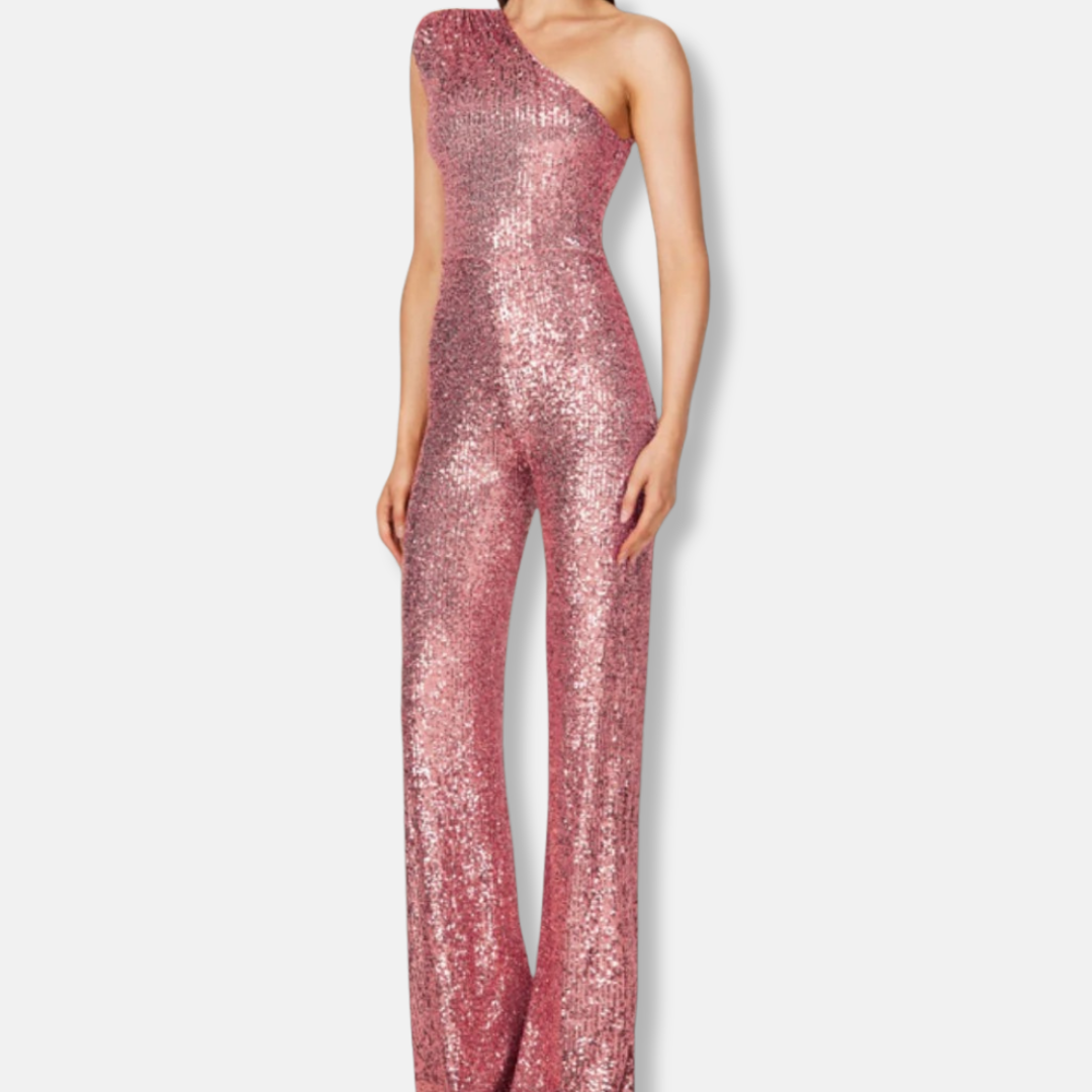 Women's silver sequined one-shoulder wide-leg jumpsuit sleeveless glamorous eveningwear