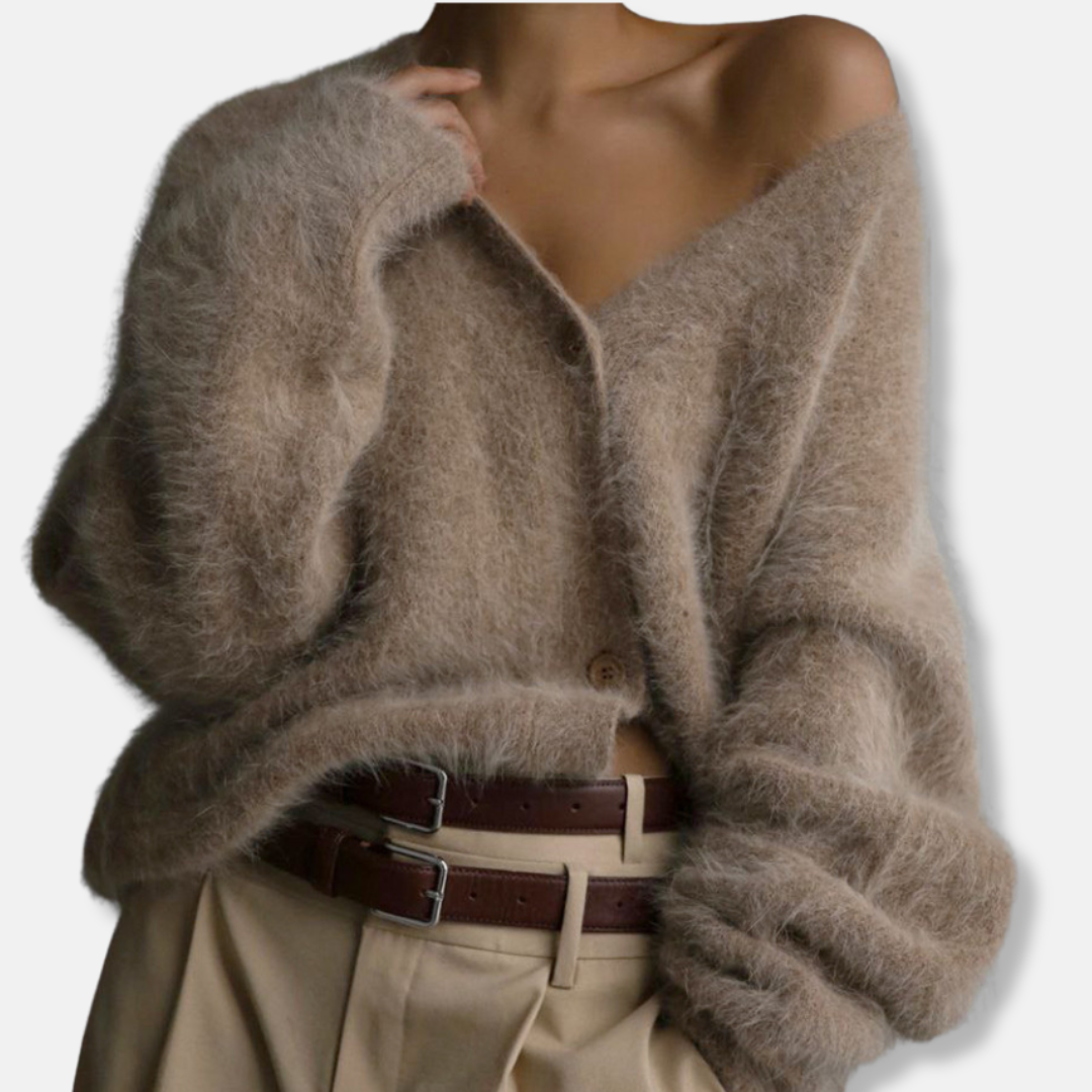 Women's oversized brushed knit cardigan in cozy V-neck silhouette with single-button closure