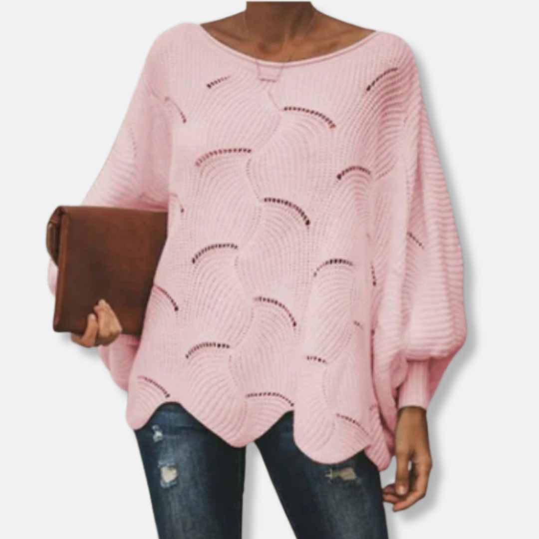 Women's relaxed-fit batwing sleeve open knit sweater with boat neck and wavy hem