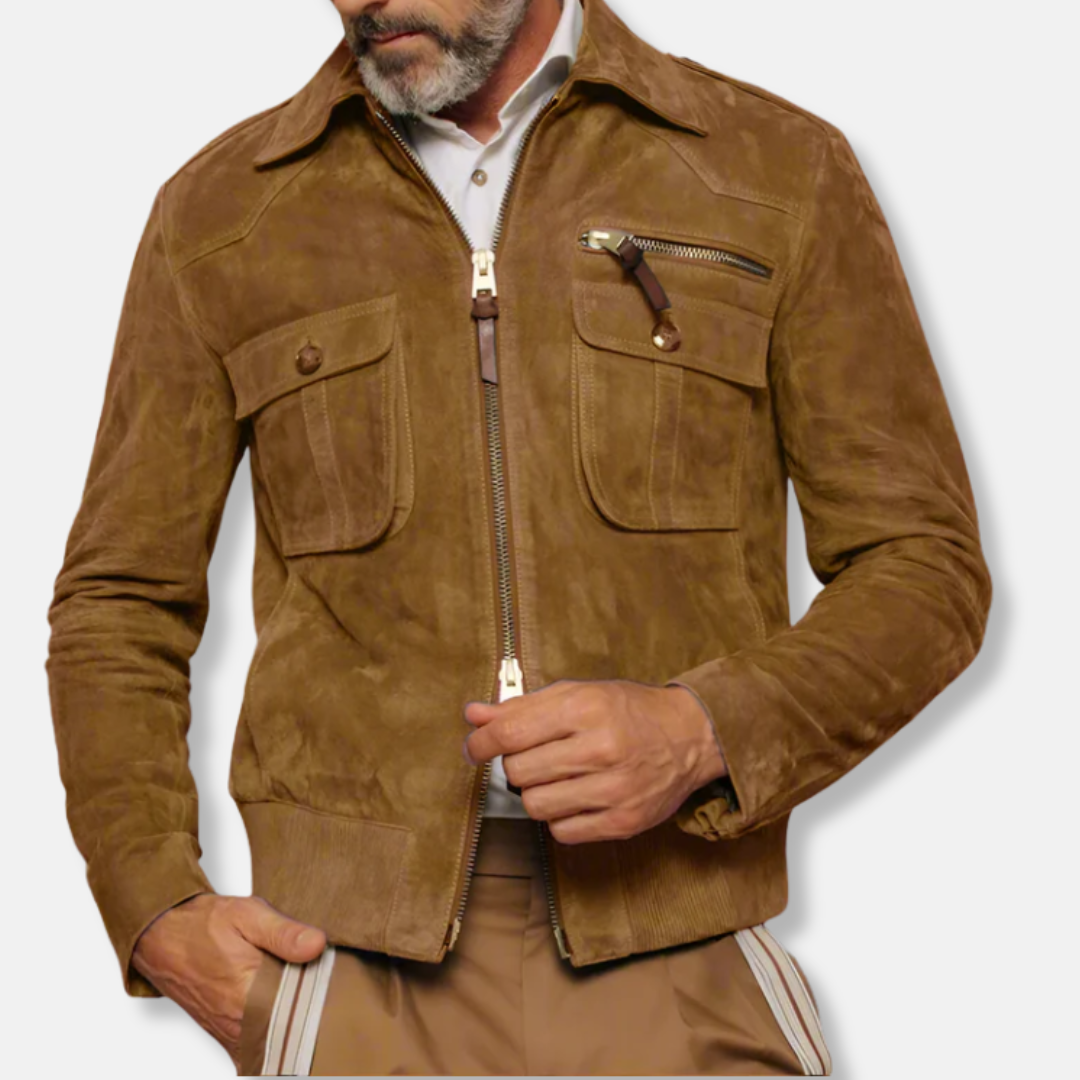 Men's black tailored leather jacket hip-length cut with distinctive leather trim polished everyday fit