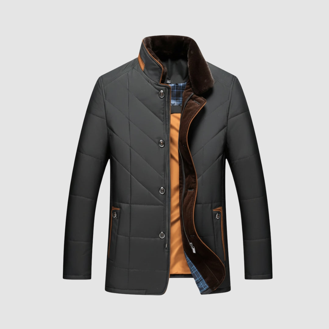 Brown unisex quilted jacket with velvet collar, casual-elegant everyday layering piece