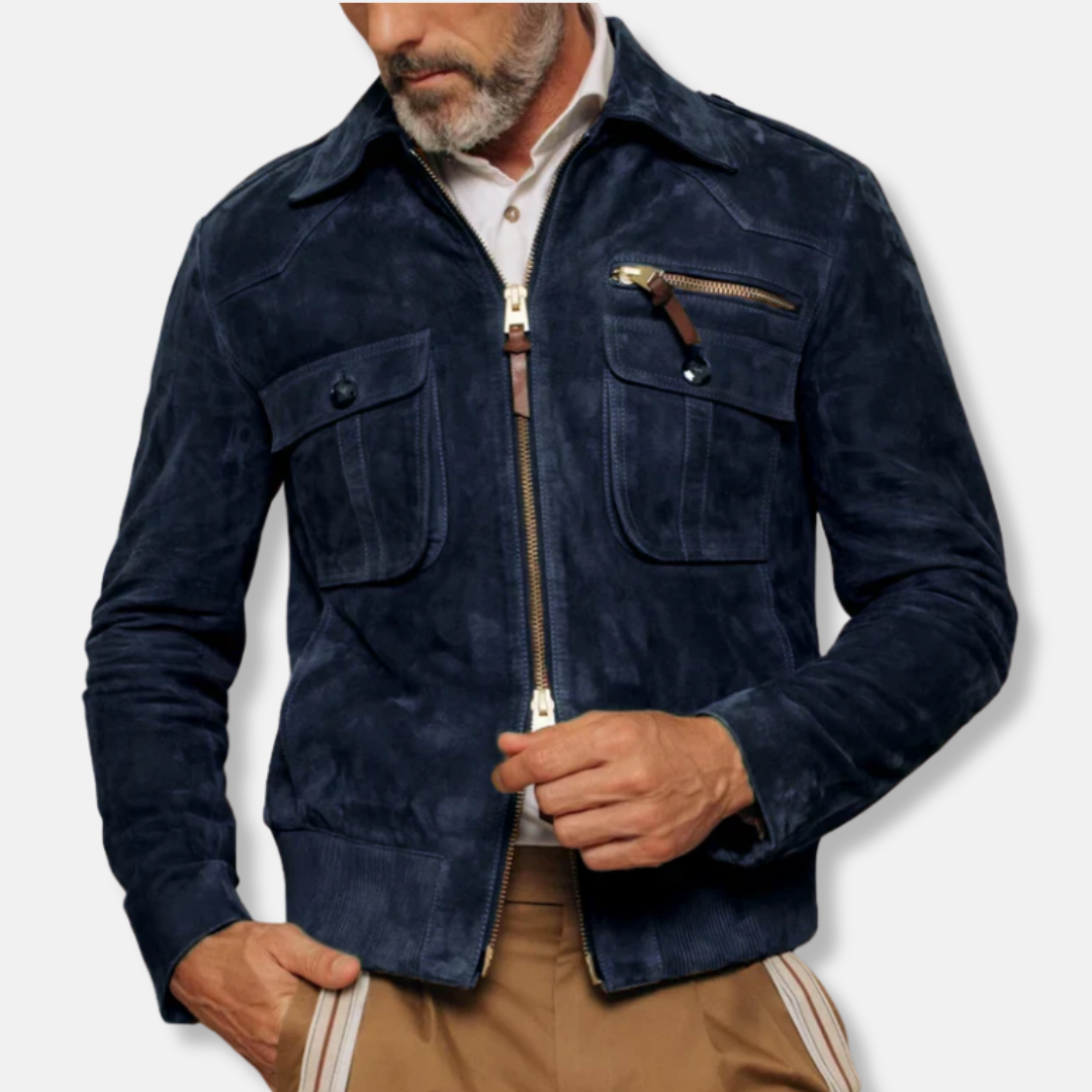 Men's slim-fit suede texture bomber jacket by Urbann-Vibe with two-way zipper chest pockets