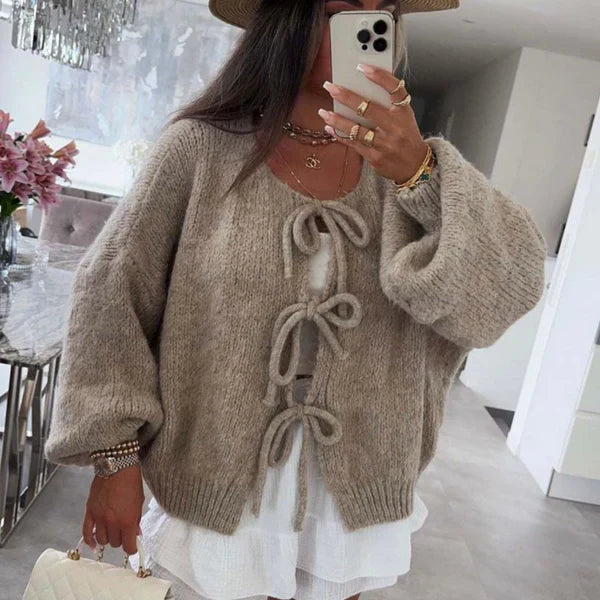 Beige textured knit cardigan with knot front closures, relaxed layering fit for women