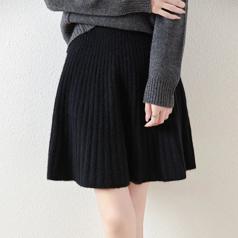 Women's merino wool ribbed A-line skirt, cozy lightweight knit with subtle texture detail