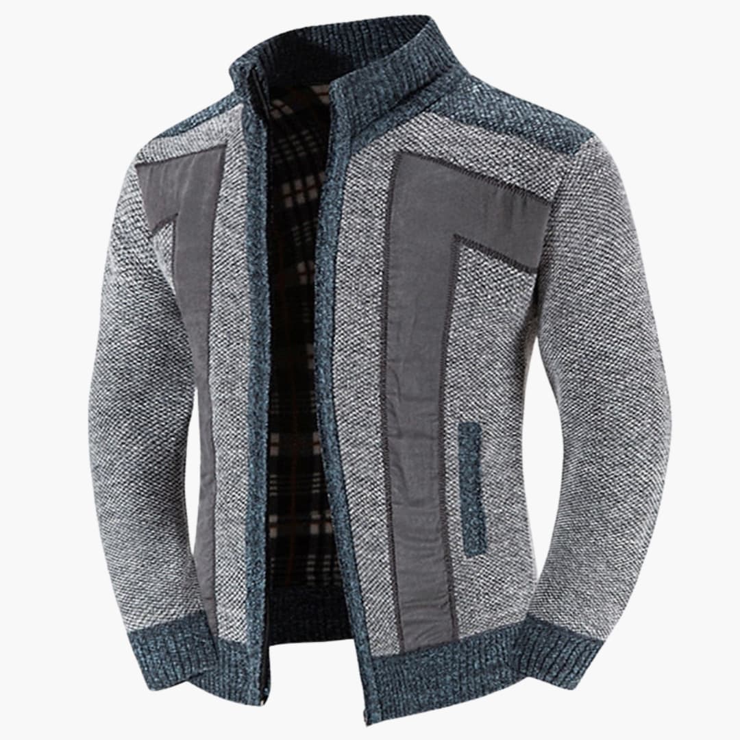 Men's zip-up cardigan with stand-up collar, ribbed cuffs, and premium textured knit panels