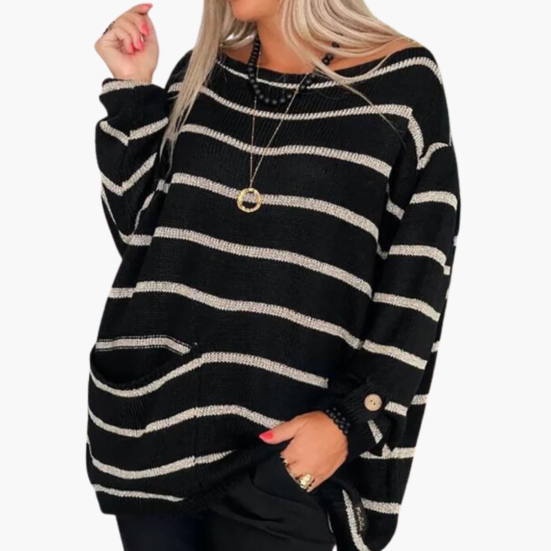 Women's striped knit sweater boat neck relaxed fit cozy pullover with front patch pocket button tab cuffs