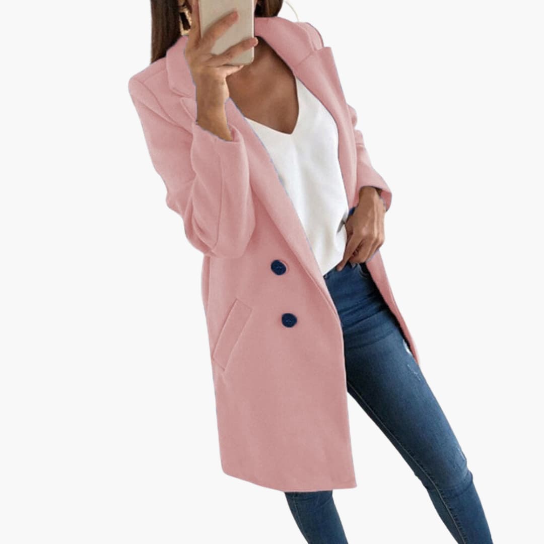 Women's long sleeve button-front coat with fold-over collar, cozy lined interior and side pockets