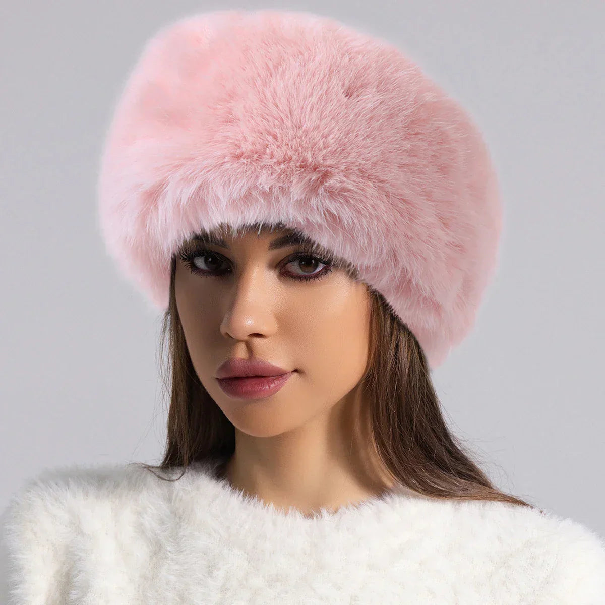 Women's beige plush round fur hat full-coverage winter style with luxurious furry texture