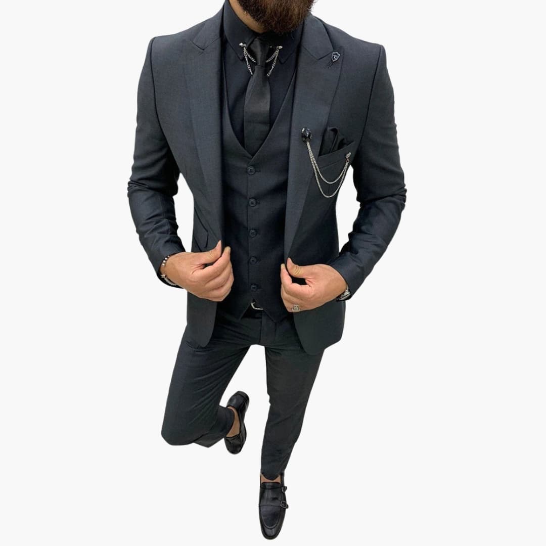 Slim fit 3-piece men's suit in classic black, tailored silhouette with matching vest for formal events