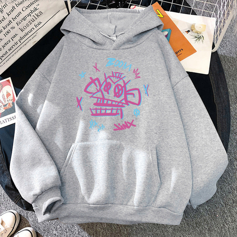 Harajuku streetwear hoodie with bold Arcane Jinx Ekko graphic print, soft lightweight polyester, unisex fit