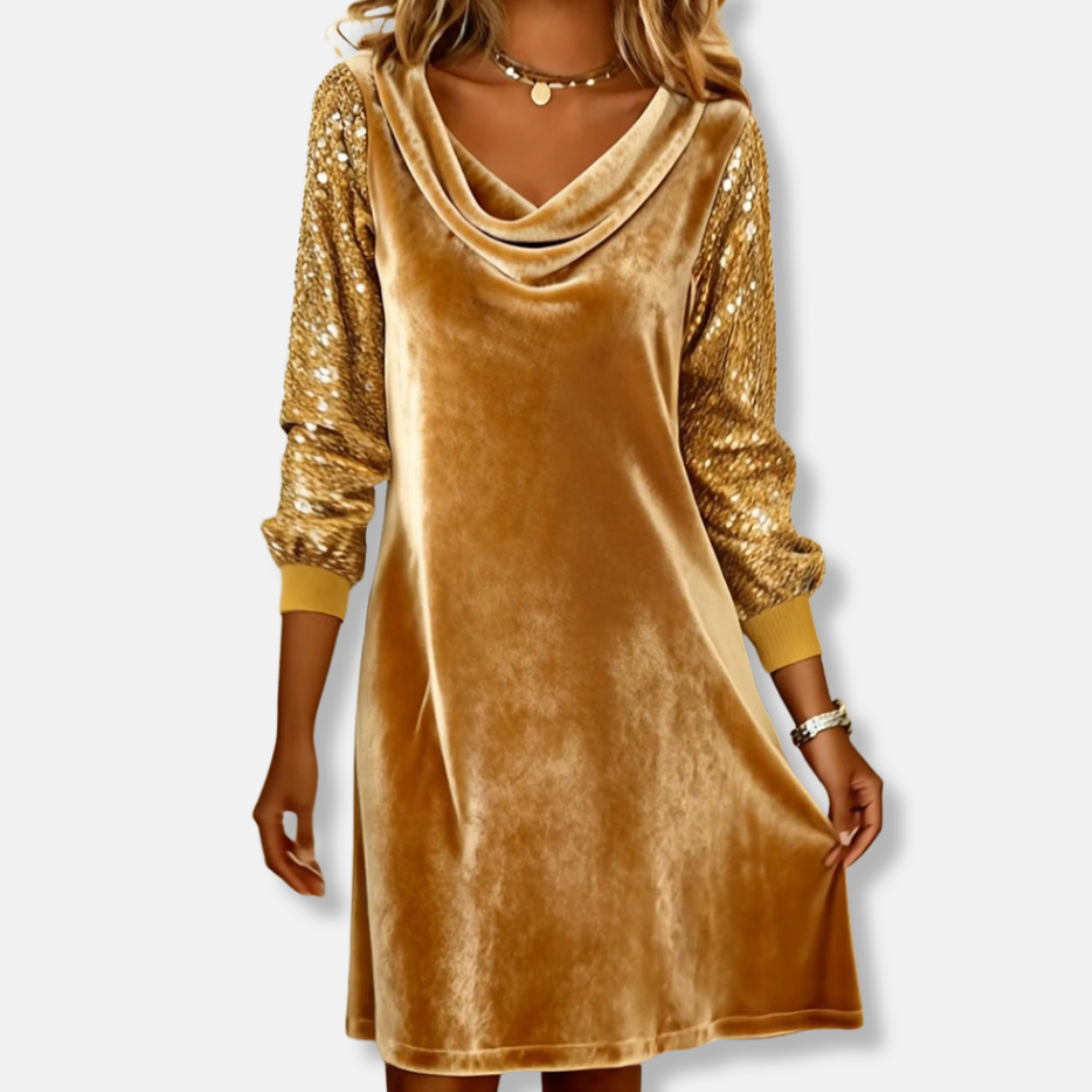 Sophia shift mini dress cowl neck long sequined sleeves women elegant evening party