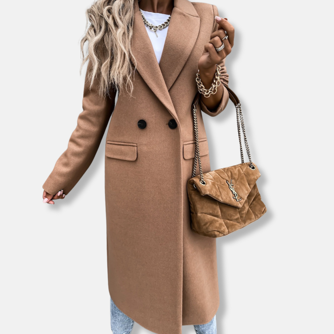 Women's wool long coat tailored fit classic lapel button closure autumn professional elegance