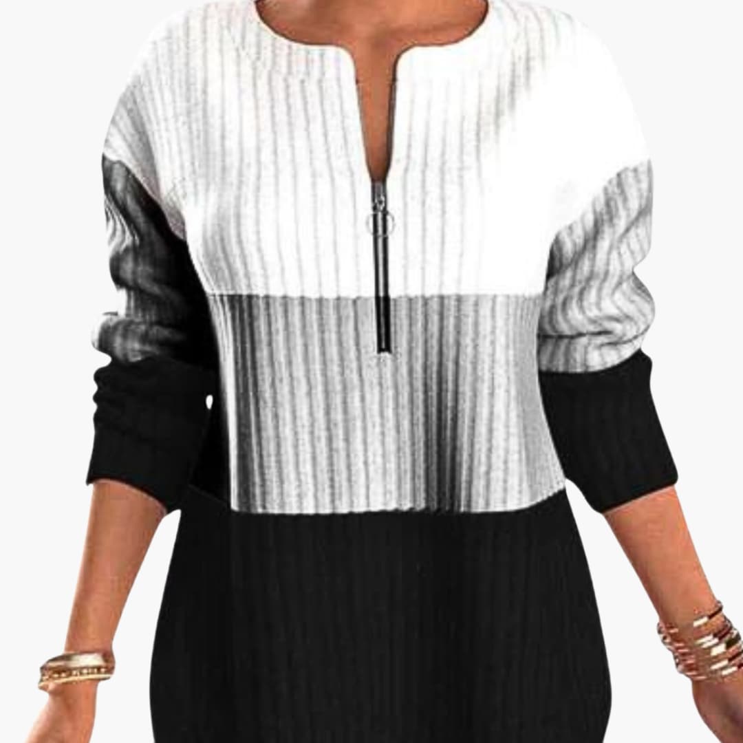 Women's ribbed knit zip neck pullover long sleeve everyday warm structured texture