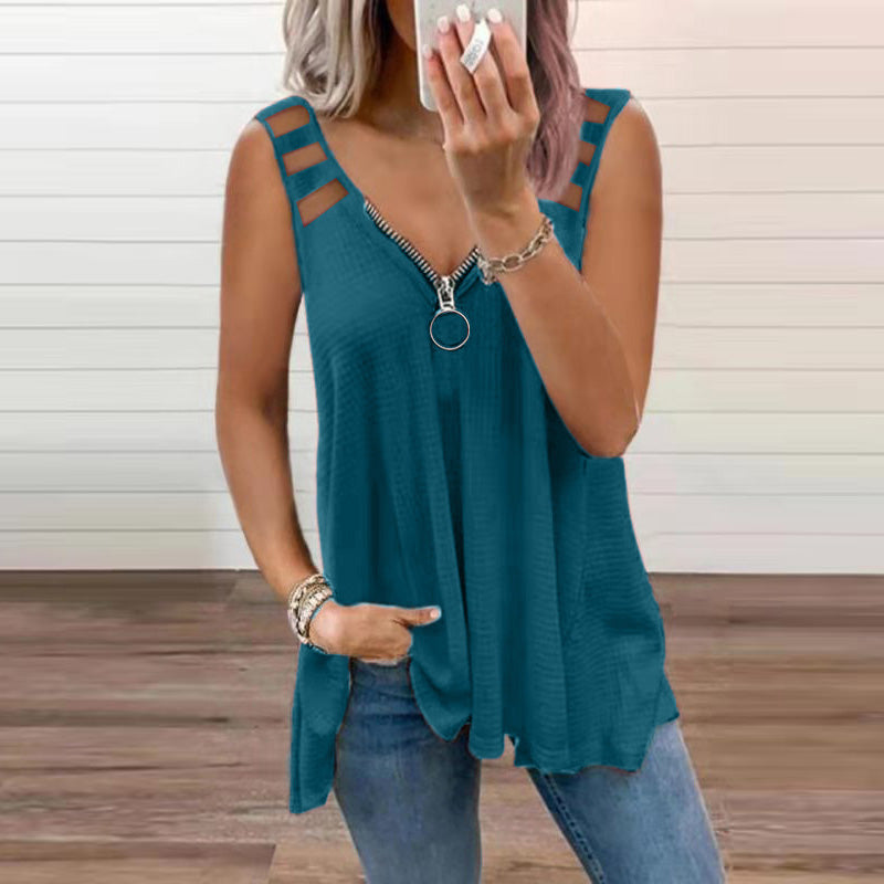 Bold red sleeveless blouse with shoulder cutouts, crossed straps, and soft textured fabric for women