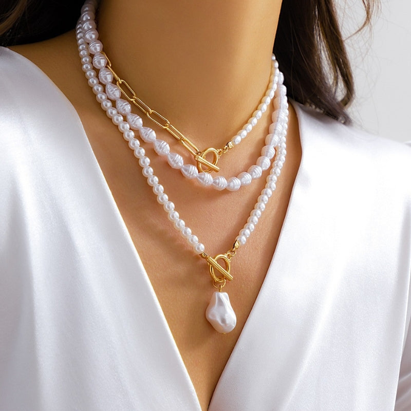 Solane layered necklace mixed chains and pearls toggle clasp statement jewelry for women