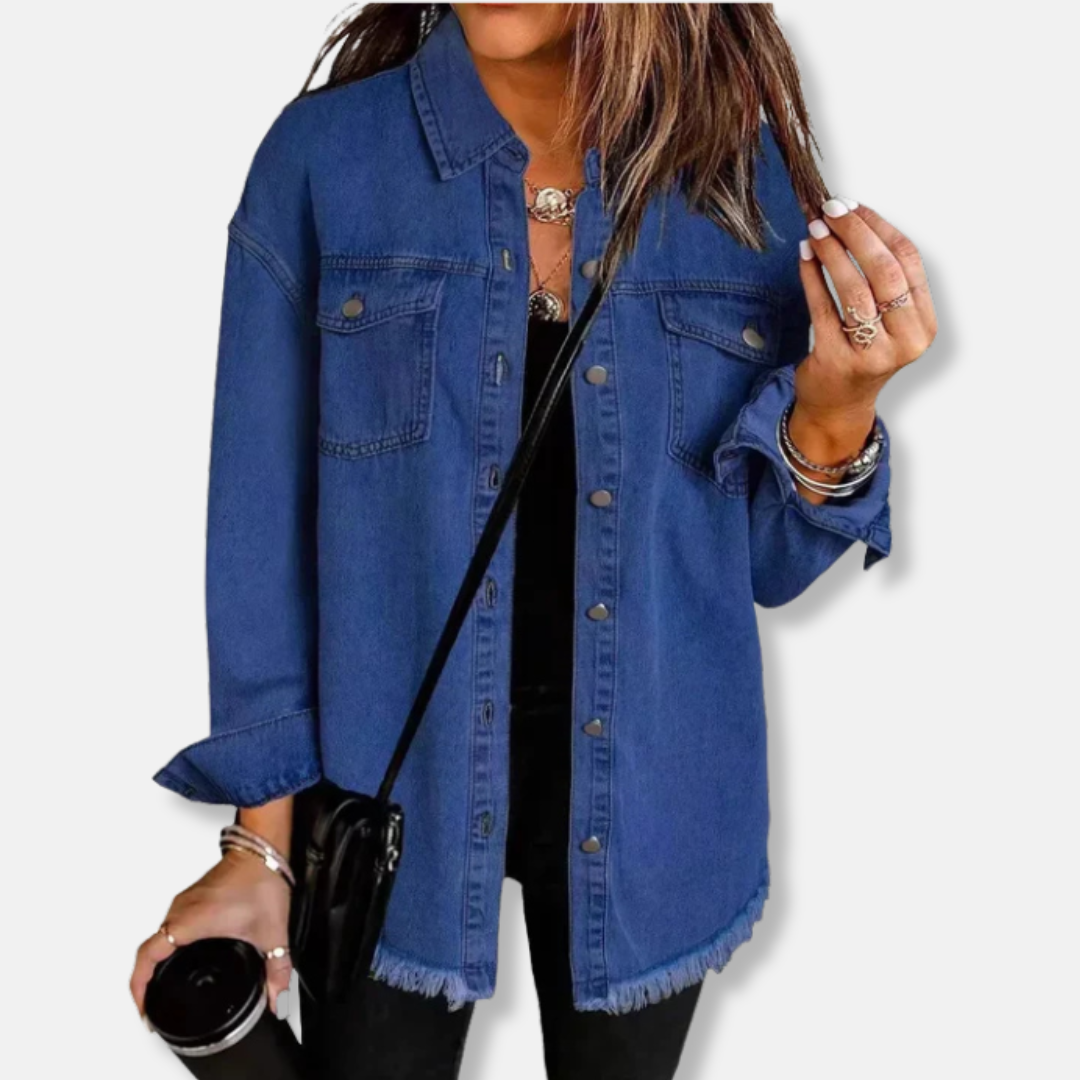 Women's oversized denim shacket with raw edge hem and button front for casual fall layering