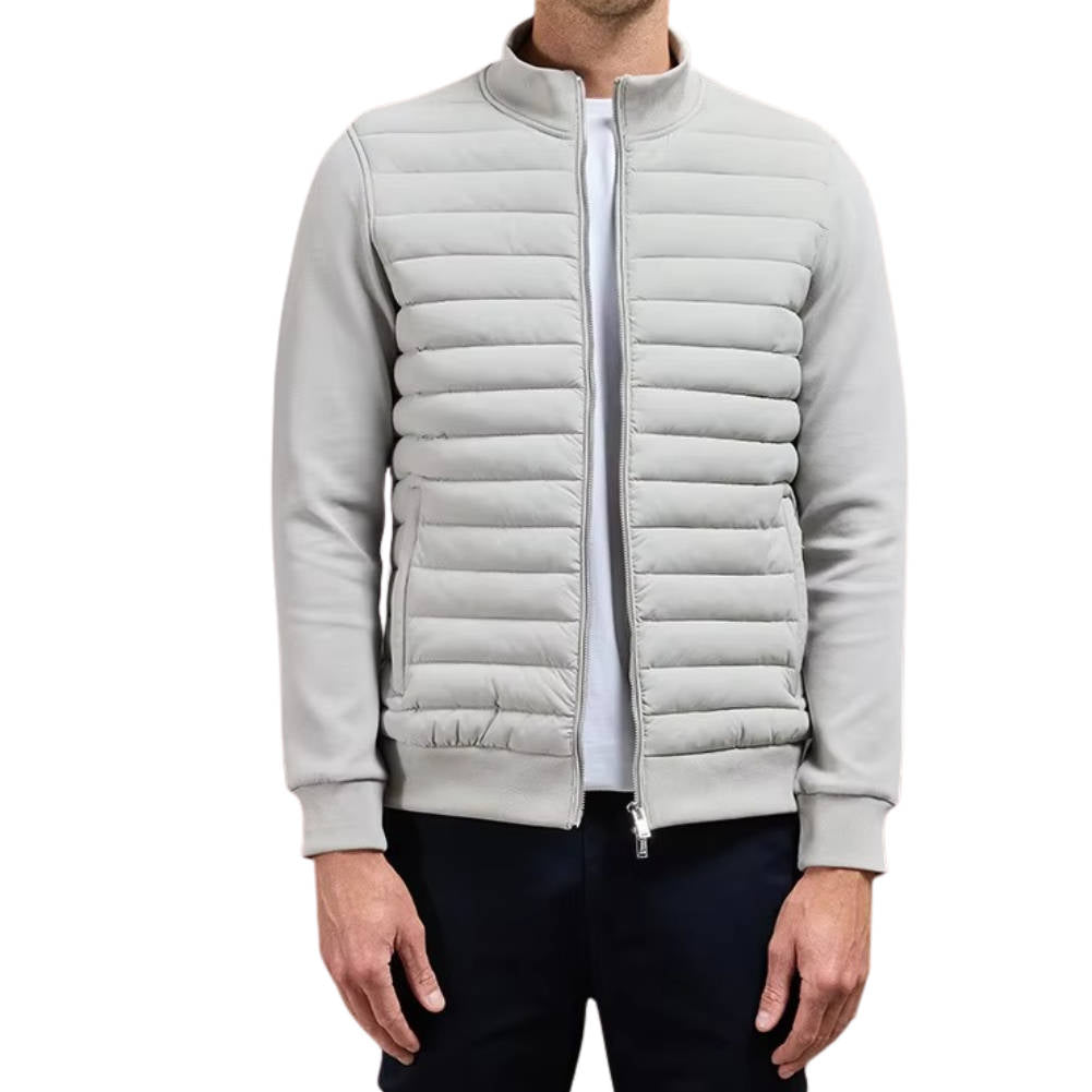 Men's navy blue lightweight quilted puffer jacket with high stand collar for warmth without bulk