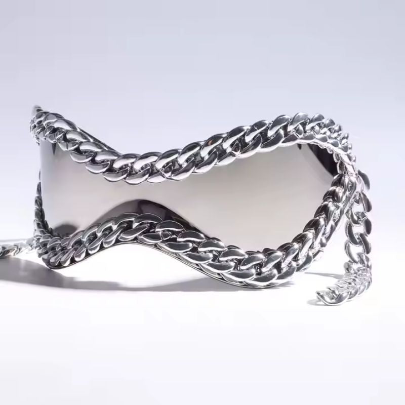 CØRVUS wraparound sunglasses with heavyweight polished chain accents for bold street style