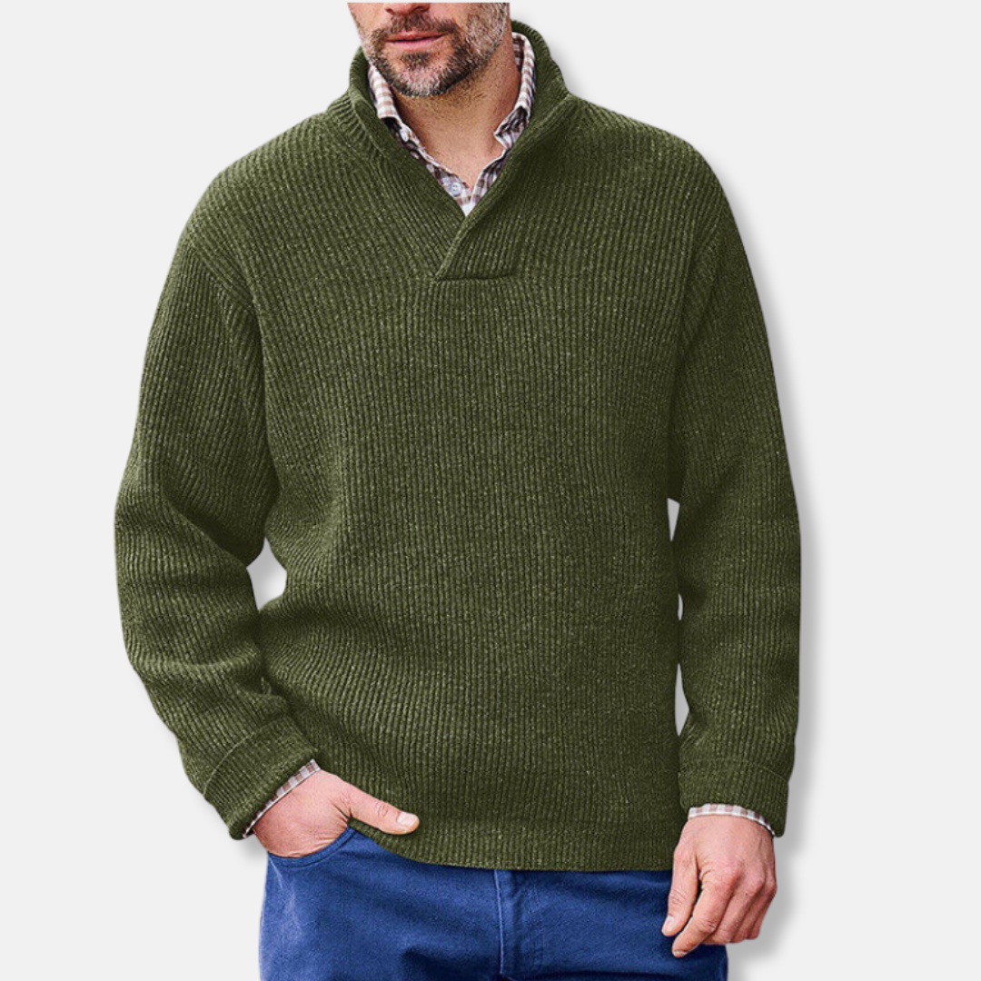 Men's gray cotton blend pullover sweatshirt loose fit stand collar V-neck long sleeve casual style