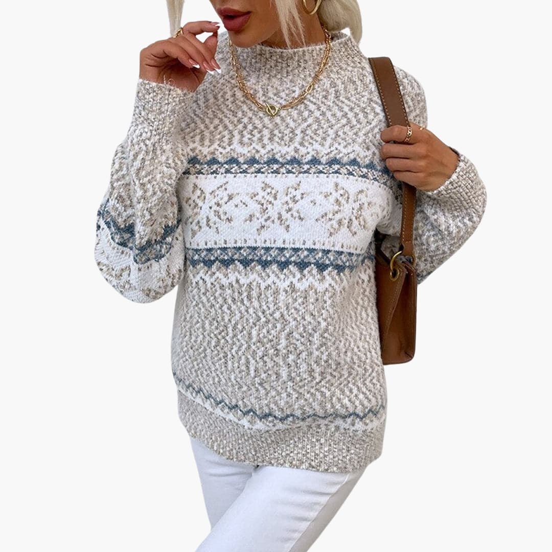 Women's snowflake pattern knit turtleneck pullover sweater, cozy ribbed long sleeves winter style