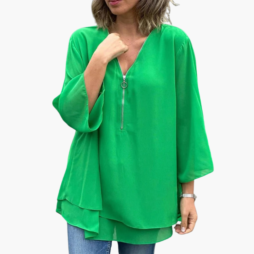 Women's casual half-zip long sleeve V-neck shirt in neutral tone with relaxed fit for all-day comfort