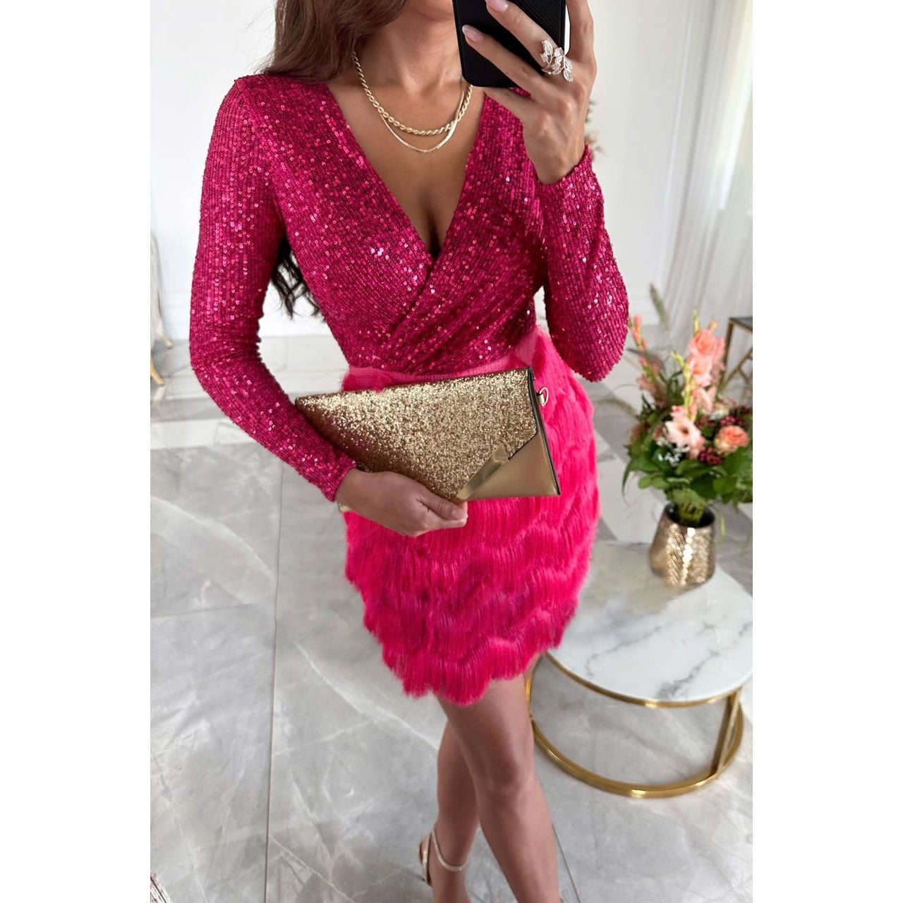 Women's silver glitter mini dress tailored fit with glamorous patchwork fringe detail for festive occasions