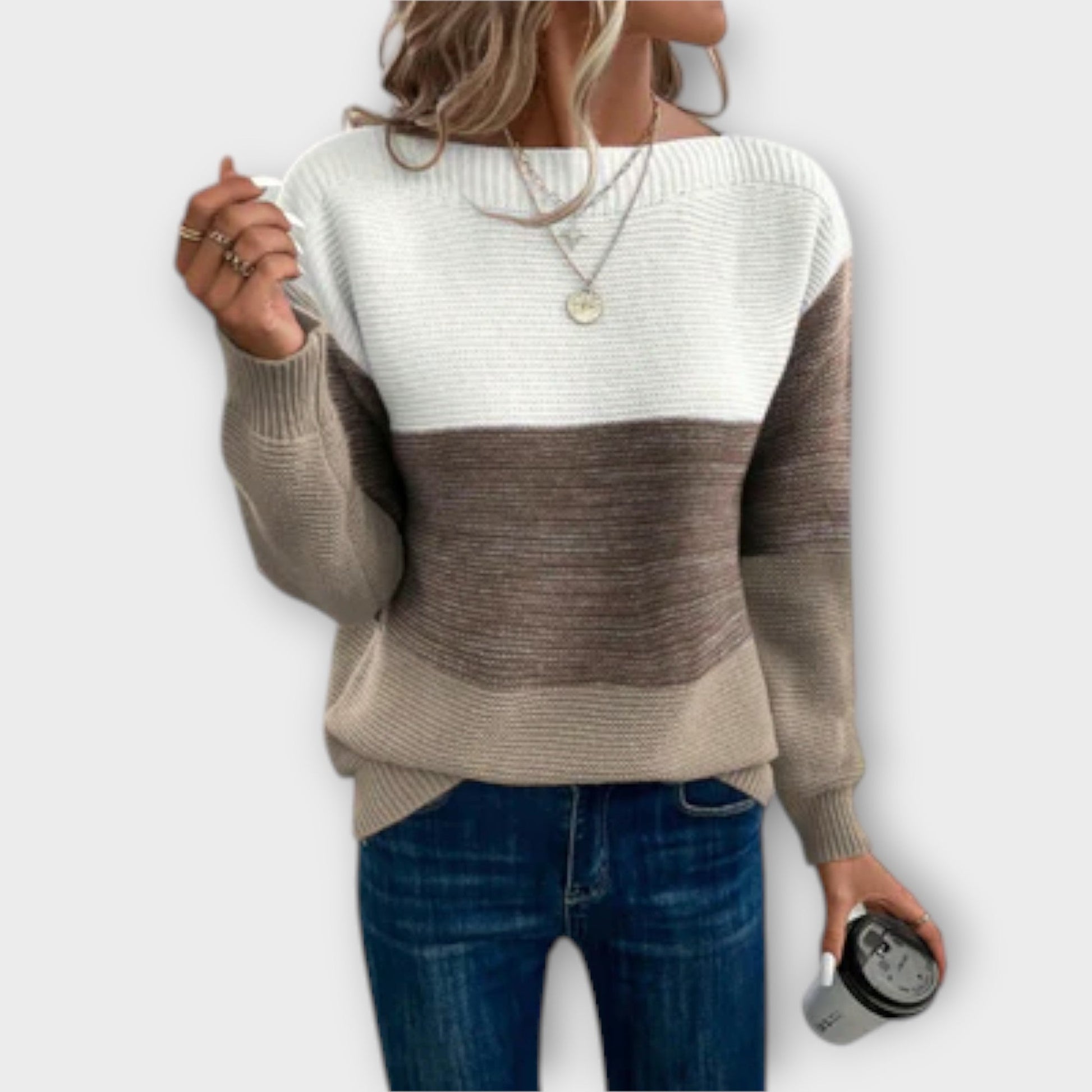 Women's colorblock knit sweater neutral tones relaxed silhouette soft texture casual chic everyday style
