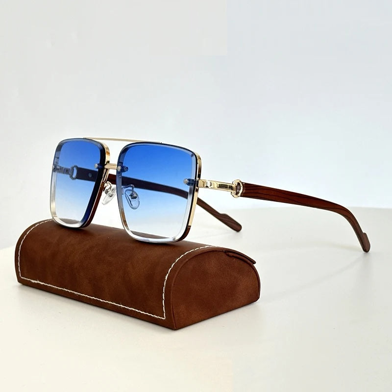 Retro square gradient sunglasses gold detailing wooden arms UV400 unisex bold vintage style