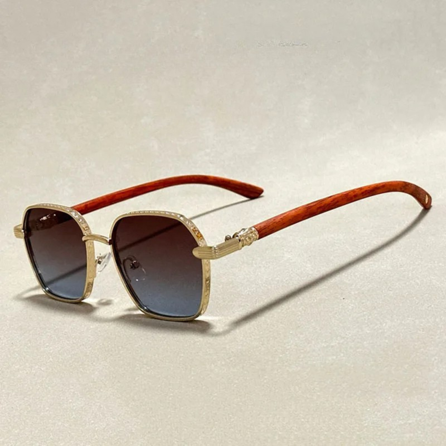 Ember square unisex retro sunglasses with wood-textured temples, gold accents, and UV400 gradient lenses