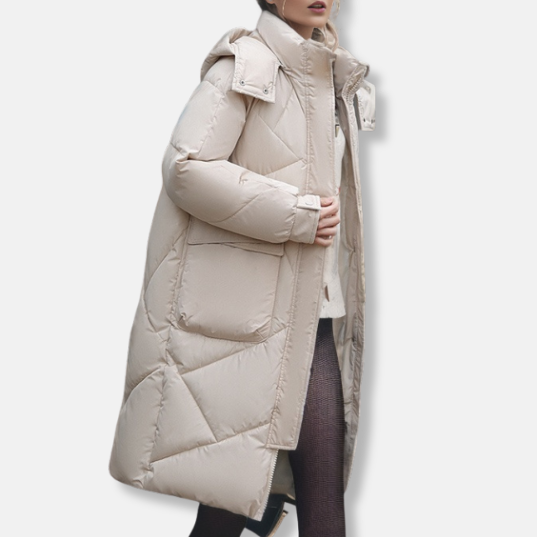 Women's black quilted maxi coat oversized fit high collar hood cold weather winter layer
