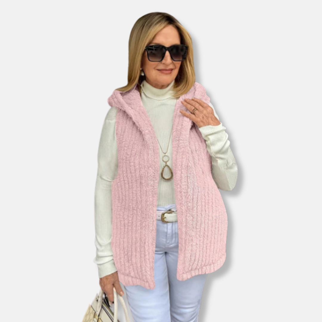 Women's fleece hooded vest relaxed fit hip-length ribbed texture cozy lightweight layering piece