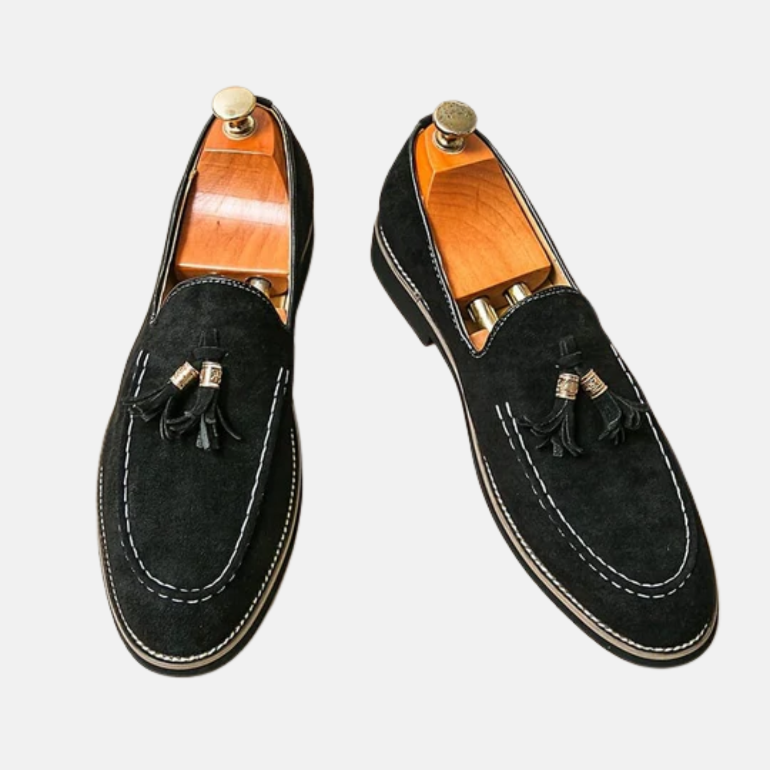 Men's brown suede tassel loafers with hand-stitched detailing, slip-on style for smart-casual elegance