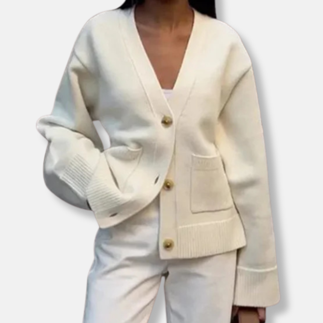 Women's oversized knit cardigan V-neck button-front with patch pockets in cozy relaxed fit