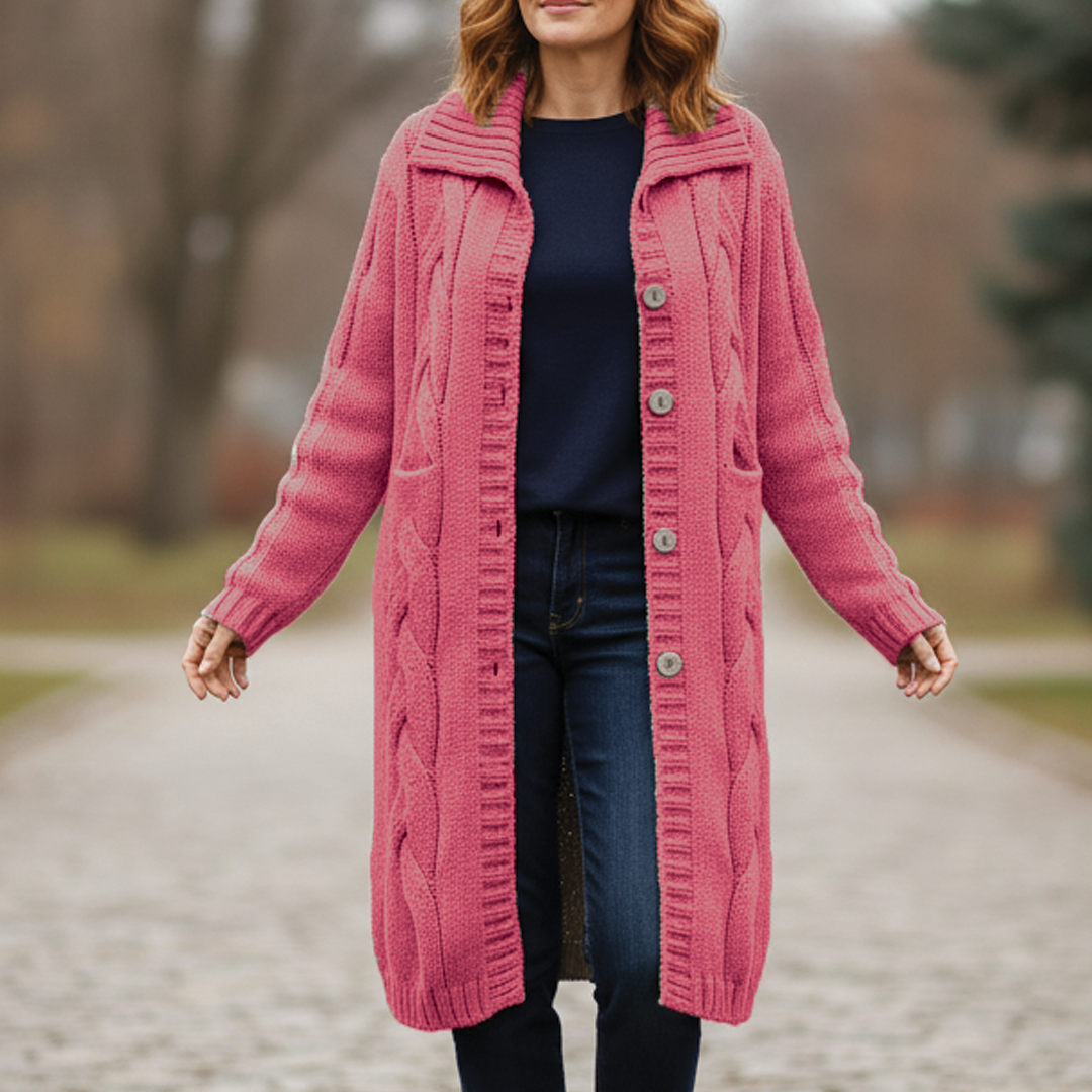 Women's cable knit long coat wool blend chunky winter style warm classic chic silhouette