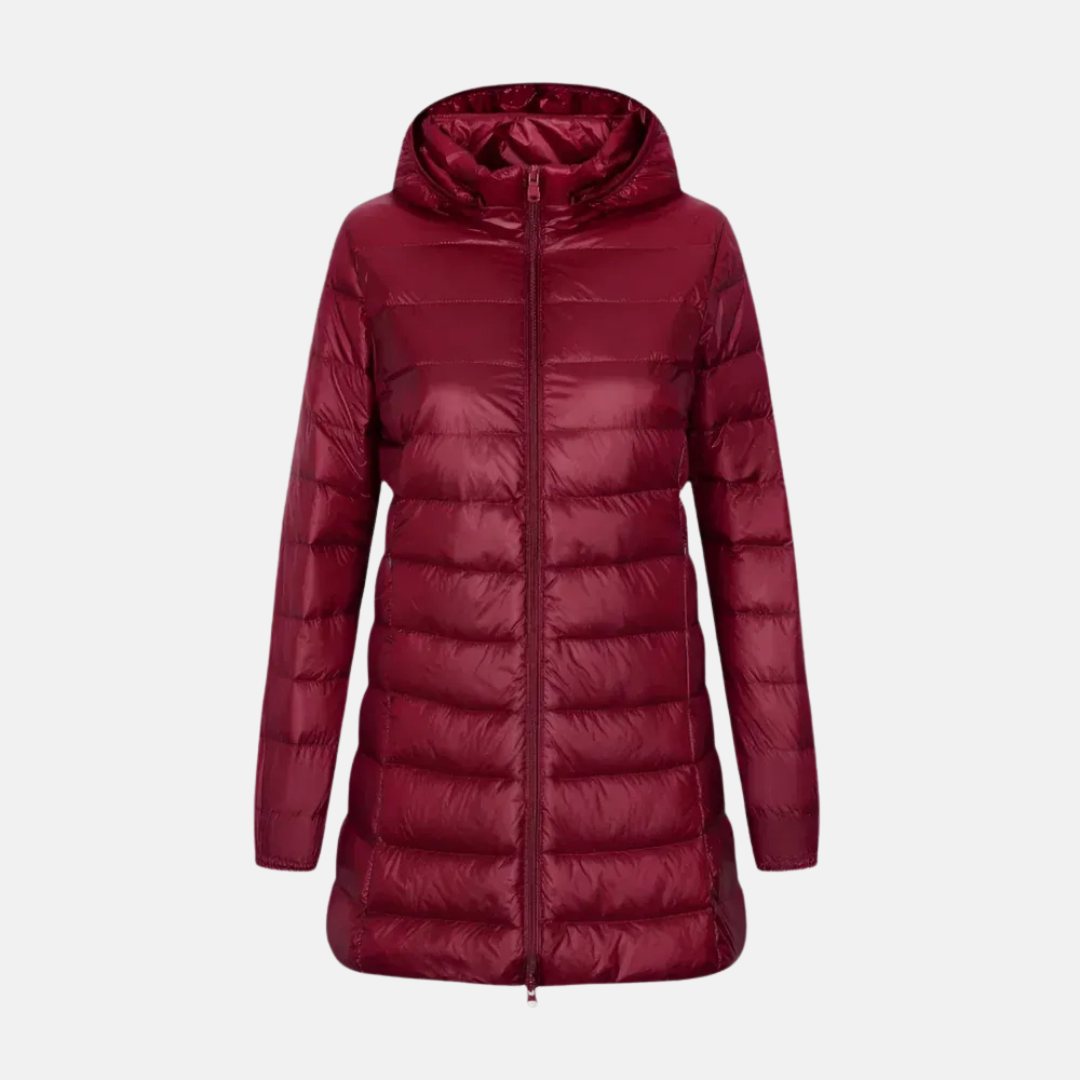 Women's fitted mid-thigh quilted down jacket hooded water-resistant sleek silhouette for fall winter