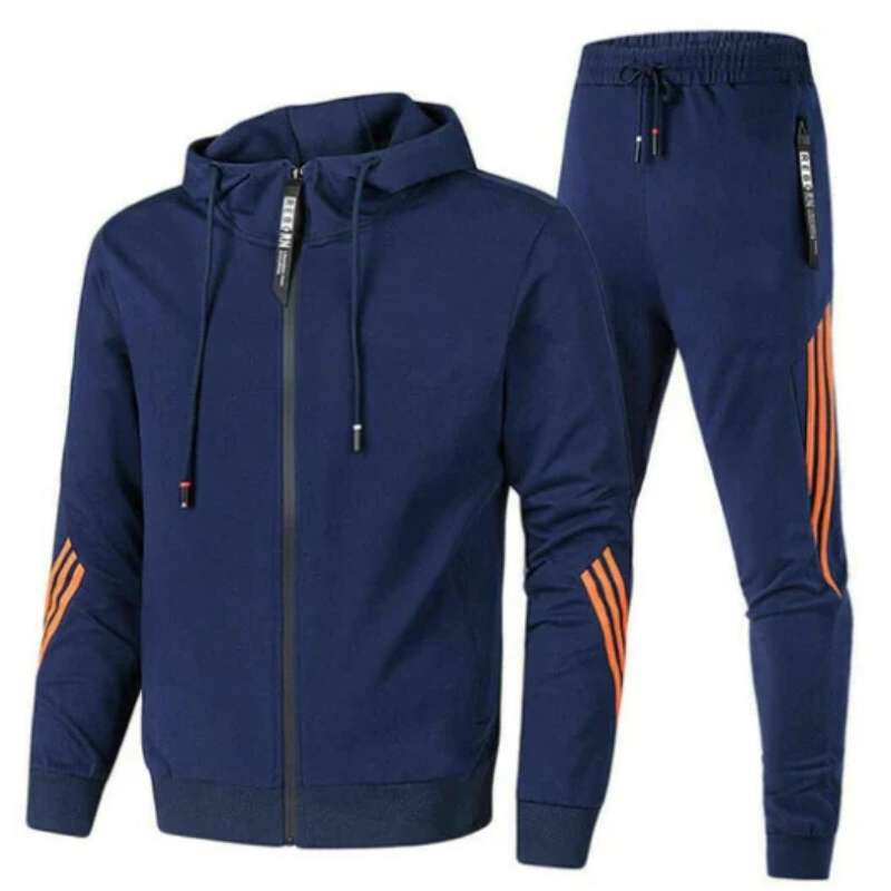 Men's grey streetwear hoodie matching set with coordinated jogger pants and modern urban silhouette