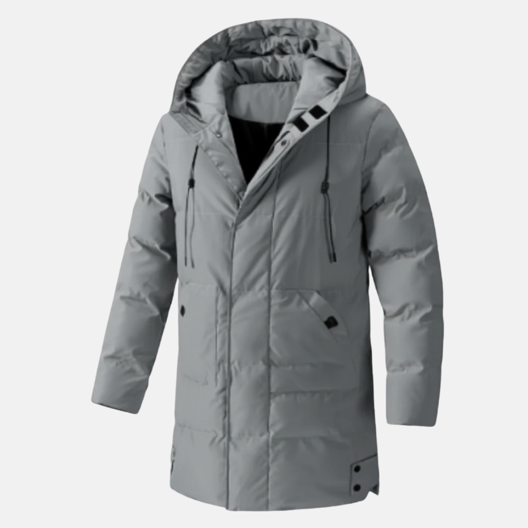 Men's insulated mid-length hooded jacket, water-repellent with multiple pockets for outdoor adventures