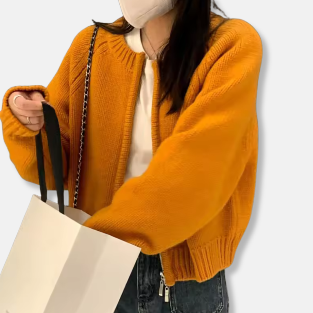 Women's wool knit open-front cardigan relaxed fit long sleeve cropped silhouette everyday office style