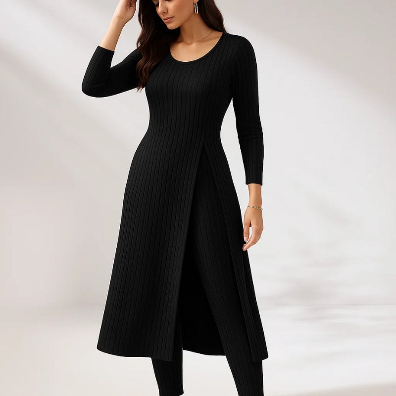 Heather gray ribbed knit two-piece lounge set with relaxed split-hem top and matching pants