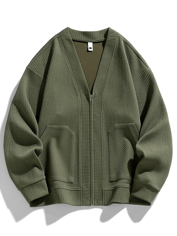 Unisex grey textured knit zip cardigan relaxed midweight layering piece with front zipper